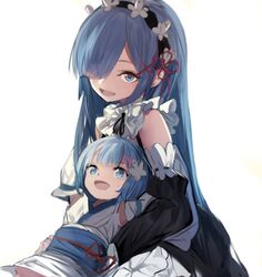  2girls aged_up alternate_hair_color alternate_universe blue_eyes blue_hair commentary detached_sleeves hair_ornament if_they_mated japanese_clothes kimono long_hair maid mother_and_daughter multiple_girls natsuki_spica ran_(bukeranwu) re:if_kara_hajimeru_isekai_seikatsu re:zero_kara_hajimeru_isekai_seikatsu rem_(re:zero) roswaal_mansion_maid_uniform short_hair short_kimono spoilers x_hair_ornament 