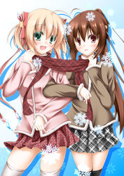  2girls bad_id bad_pixiv_id blonde_hair brown_hair green_eyes kamikita_komari little_busters! long_hair multiple_girls narukami_ginryuu natsume_rin plaid plaid_skirt ponytail red_eyes ribbon scarf shared_clothes shared_scarf short_hair skirt snowflakes thighhighs twintails 