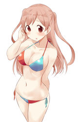  :o absurdres agenasu arm_behind_back bikini blush breasts brown_hair cleavage commentary_request female highres large_breasts long_hair looking_at_viewer navel no_eyewear shiraishi_(tanakeda) side-tie_bikini_bottom solo standing swimsuit tanaka-kun_wa_itsumo_kedaruge two_side_up 