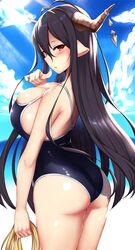  absurdres ass black_hair blush breasts commentary_request danua draph female granblue_fantasy highres horns huge_breasts kusahagane long_hair looking_at_viewer one-piece_swimsuit pointy_ears red_eyes school_swimsuit solo standing swimsuit very_long_hair 