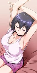  armpits arms_up black_hair breasts cleavage closed_eyes commentary_request female joukamachi_no_dandelion jpeg_artifacts large_breasts open_mouth parted_lips sakurada_kanade short_hair shorts sitting solo tomohiro_kai 