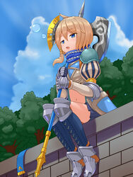  armor axe blonde_hair blue_eyes boots cloud commentary_request day female fence gloves hair_ornament highres last_period midriff navel open_mouth outdoors portier_(last_period) puff_and_slash_sleeves puffy_sleeves raseruta short_hair sitting skirt sky sleepy solo weapon 