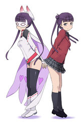  2girls belt black_legwear boots buruma cape commentary_request double_bun dual_persona hair_bun heart katatsuka_kouji komadori_renge long_hair long_sleeves mask multiple_girls photoshop_(medium) purple_eyes purple_hair ribbon_trim school_uniform sekai_seifuku:_bouryaku_no_zvezda shoes skirt socks thighhighs twintails very_long_hair white_background white_robin 