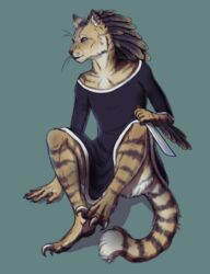  anthro avian biped black_lips brown_eyes cheek_tuft claws clothed clothing creepingthistle dress ear_piercing facial_tuft feathers feet felid female flat_chested freckles fur hindpaw hybrid knife lips mammal paws piercing plantigrade sitting solo striped_body striped_fur stripes talons the_hel_jumper toe_claws toes tuft veera_(hel_jumper) whiskers 