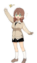  absurdres breasts brown_hair bural_chingu cardigan commentary english_text female full_body green_eyes hair_between_eyes ham_na-bi highres huge_breasts korean_commentary long_hair looking_at_viewer luke_(dydansgur) open_mouth school_uniform short_twintails simple_background skirt sleeves_past_wrists smile solo twintails waving white_background 