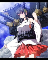  bare_shoulders black_hair blush breasts cannon cloud commentary_request day detached_sleeves female fusou_(kancolle) hair_ornament highres japanese_clothes kantai_collection large_breasts long_hair nontraditional_miko red_eyes skirt sky smile solo turret wrwr 