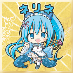  :d apron bikkuriman bikkuriman_(style) blue_eyes blue_footwear blue_hair blue_kimono blue_skirt character_name chibi commentary_request female flower_knight_girl full_body gem hair_between_eyes high_ponytail japanese_clothes kimono long_hair long_sleeves nerine_(flower_knight_girl) open_mouth over-kneehighs photoshop_(medium) pleated_skirt ponytail ri-net ribbon-trimmed_thighhighs ribbon_trim shoes short_kimono skirt smile solo sticker thighhighs very_long_hair white_apron white_thighhighs wide_sleeves 