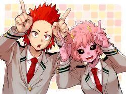  1boy :d :o ashido_mina black_sclera blush boku_no_hero_academia buttons collared_shirt colored_sclera colored_skin commentary female hk_(nt) horns kirishima_eijirou looking_at_viewer necktie open_mouth pink_hair pink_skin pose red_eyes red_hair red_necktie school_uniform sharp_teeth shirt short_hair smile spiked_hair teeth u.a._school_uniform upper_body yellow_eyes 