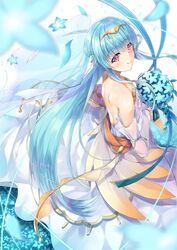  bare_shoulders blue_hair blush bouquet bride commentary_request dress elbow_gloves female fire_emblem fire_emblem:_the_blazing_blade fire_emblem_heroes flower formal gloves hair_flower hair_ornament inoue_takuya_(tactactak) jewelry long_hair ninian_(bridal)_(fire_emblem) ninian_(fire_emblem) red_eyes simple_background smile solo strapless strapless_dress veil wedding wedding_dress white_dress white_gloves 