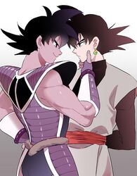  2boys arm_behind_back armor black_eyes black_hair commentary dragon_ball dragon_ball_super dragon_ball_z earrings evil_smile goku_black hand_on_another&#039;s_chin hand_on_own_hip jewelry jiayu_long look-alike male_focus monkey_tail multiple_boys muscular photoshop_(medium) potara_earrings saiyan_armor smile tail tullece 