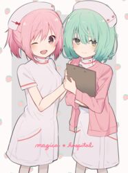  2girls ;d blush boyano clipboard closed_mouth commentary_request dress fingernails green_eyes green_hair grey_background hair_between_eyes hat jacket kaname_madoka long_sleeves magia_record:_mahou_shoujo_madoka_magica_gaiden mahou_shoujo_madoka_magica multiple_girls natsume_kako nurse nurse_cap one_eye_closed open_clothes open_jacket open_mouth pantyhose pink_hair pink_jacket red_eyes short_sleeves sidelocks smile two-tone_background white_dress white_hat white_legwear 