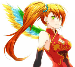  bad_id bad_pixiv_id bare_shoulders china_dress chinese_clothes chisa cleavage_cutout clothing_cutout dress female green_eyes leilan_(p&amp;d) orange_hair puzzle_&amp;_dragons side_ponytail smile solo wings 