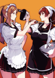  &gt;:( 2girls apron beaker blue_eyes blush breasts brown_eyes brown_hair commentary_request frown large_breasts maid_headdress measuring_cup mexican_standoff mixer_(cooking) mixing_bowl multiple_girls orange_hair original photoshop_(medium) ponytail sasaoka_gungu school_uniform serafuku skirt spatula sweatdrop v-shaped_eyebrows 