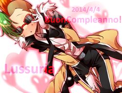  ! 1boy blush commentary_request dated fur_trim gloves green_hair happy_birthday italian_text jewelry katekyo_hitman_reborn! lussuria_(reborn) male_focus matsurinnu multicolored_hair necklace orange_hair solo sunglasses two-tone_hair white_background 