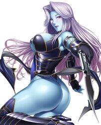  alberta_(taimanin_asagi) ass blue_skin breasts female kokonoki_nao large_breasts long_hair looking_at_viewer nail_polish navel nipples pointy_ears purple_eyes silver_hair solo taimanin_asagi taimanin_asagi_battle_arena weapon 