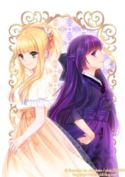  2girls black_bow blonde_hair bow chinobara commentary_request dress elisabeth_von_wettin green_eyes hanbok korean_clothes long_hair maerchen_(sound_horizon) marie_marie multicolored_hair multiple_girls orange_ribbon pink_hair ponytail purple_eyes purple_hair ribbon sidelocks sound_horizon two-tone_hair vanishing_starlight 