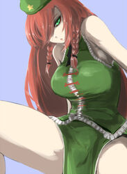  bare_arms bare_legs blue_background braid breasts commentary_request dress female ginji_(sakaki_summer) green_dress green_eyes green_hat hair_over_one_eye hat hat_ornament hong_meiling large_breasts long_hair looking_at_viewer open_mouth parted_lips red_hair side_slit simple_background sitting sleeveless solo star_(symbol) star_hat_ornament thick_thighs thighs touhou twin_braids 