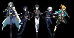  5boys absurdres ahoge alternate_eye_color animal animal_on_shoulder armor black_background black_hair blue_eyes cape commentary_request green_eyes green_hair grey_eyes hair_over_one_eye highres honebami_toushirou horikawa_kunihiro japanese_armor japanese_clothes kamekichi long_hair male_focus matsuki_(mikipingpong) military military_uniform multiple_boys namazuo_toushirou nikkari_aoe open_mouth orange_hair ponytail shoulder_armor smile sode sword touken_ranbu turtle uniform urashima_kotetsu very_long_hair wakizashi weapon white_hair 