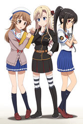  3girls absurdres bad_id bad_pixiv_id beret black_hair blonde_hair blue_eyes blue_socks braid brown_eyes brown_hair girl_sandwich hat high_school_fleet highres ishida_seito kneehighs long_hair multiple_girls munetani_mashiro nosa_kouko photoshop_(medium) pleated_skirt ponytail sandwiched school_uniform serafuku single_braid skirt smile socks striped_clothes striped_thighhighs tamonmaru_(haifuri) thighhighs wilhelmina_braunschweig_ingenohl_friedeburg yokosuka_girls_marine_high_school_uniform zettai_ryouiki 