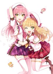  2girls :d ;d absurdres blonde_hair commentary_request earrings floating_hair green_eyes haikimono haikimono_shounen hair_between_eyes hat highres idolmaster idolmaster_cinderella_girls jacket jewelry jougasaki_mika jougasaki_rika long_hair looking_at_viewer miniskirt multiple_girls necktie one_eye_closed open_mouth pink_hair pink_necktie pleated_skirt purple_skirt red_skirt shirt short_sleeves siblings simple_background sisters skirt smile striped striped_necktie thighhighs white_background white_hat white_jacket white_legwear white_shirt wrist_cuffs yellow_eyes yellow_necktie zettai_ryouiki 