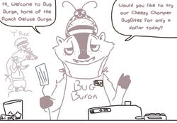  2016 anthro apron badger cash_register cheek_tuft clothed clothing dialogue disney english_text facial_tuft fast_food food half-closed_eyes hat headgear headwear holding_object kitchen_spatula kitchen_utensils looking_at_viewer male mammal money monochrome mustelid musteline name_tag narrowed_eyes open_mouth open_smile pack_street restaurant simple_background smile solo spatula speech_bubble t_rex_(weaver) text the_weaver tipping tools tuft waiter white_background zootopia 