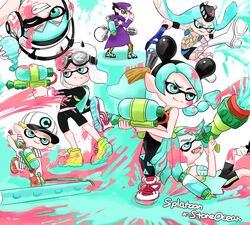  3girls 4boys adjusting_clothes adjusting_headwear aerospray_(splatoon) aqua_hair baseball_cap bike_shorts black_hair blonde_hair boots commentary_request emporio_alnino ermes_costello fangs fishnets foo_fighters_(jojo) goggles goggles_on_head green_hair grin hat ink_tank_(splatoon) inkbrush_(splatoon) inkzooka_(splatoon) jojo_no_kimyou_na_bouken kujo_jolyne kujo_jotaro long_coat mike_(tomatomato244) multicolored_hair multiple_boys multiple_girls narciso_anasui one_eye_closed paint_roller paint_splatter parody smile splat_roller_(splatoon) splatoon_(series) splatoon_1 splattershot_(splatoon) stone_ocean super_soaker tentacle_hair two-tone_hair weather_report white_hair 