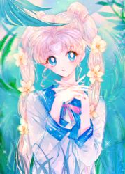  ahma bishoujo_senshi_sailor_moon bishoujo_senshi_sailor_moon_stars blonde_hair blue_eyes commentary_request crescent crescent_facial_mark double_bun facial_mark female flower forehead_mark hair_bun hair_flower hair_ornament highres juuban_high_school_uniform leaf long_hair looking_at_viewer school_uniform shirt solo tsukino_usagi twintails upper_body white_shirt 