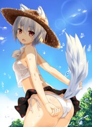  animal_ears ass bare_arms bikini black_skirt blue_sky bluekalmia breasts commentary_request cowboy_shot day ears_through_headwear female from_side hair_between_eyes hat inubashiri_momiji lens_flare looking_at_viewer md5_mismatch medium_breasts microskirt oerba_yun_fang outdoors red_eyes side-tie_bikini_bottom skirt sky smile solo standing straw_hat swimsuit tail touhou white_bikini white_hair wolf_ears wolf_tail 