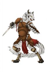  4_ears anthro armor charr claws dagger dagos fangs felid female fighting_pose flat_chested fur guild_wars hi_res horn leather leather_armor mammal mane melee_weapon multi_ear pose simple_background solo teeth weapon white_body white_fur yellow_eyes 