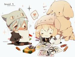  2boys :3 animal_hat bad_id bad_pixiv_id blush canine cat_hat chibi child&#039;s_drawing crayon dog_hat hat heart higekiri_(touken_ranbu) hizamaru_(touken_ranbu) male_focus mono_(freerotary) multiple_boys photoshop_(medium) spoken_heart touken_ranbu 