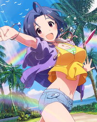  ahoge artist_request blush bracelet breasts cleavage cloud crop_top crop_top_overhang day double_rainbow earrings female hood hoodie idolmaster idolmaster_(classic) idolmaster_million_live! jewelry large_breasts light_rays midriff miura_azusa navel necklace official_art open_clothes open_hoodie open_mouth outdoors palm_tree pendant purple_hair rainbow red_eyes short_hair shorts sky smile sunbeam sunlight tree 