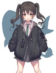  :o black_jacket blush brown_eyes brown_hair collared_shirt commentary_request drawstring feet_out_of_frame female green_necktie grey_skirt hair_between_eyes hands_in_pockets highres hood hood_down hooded_jacket idolmaster idolmaster_cinderella_girls jacket kinty legs_apart long_hair looking_at_viewer mask mask_around_one_ear miniskirt mole mole_under_eye mouth_mask necktie open_mouth pleated_skirt school_uniform sharp_teeth shirt sidelocks skirt solo striped striped_necktie sunazuka_akira surgical_mask teeth thighs twintails wavy_hair white_background white_shirt 