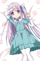  arm_on_own_head arm_up bed blue_dress chinese_commentary commentary_request dress female gotou_jun highres long_hair lying on_back one_side_up open_mouth pantyhose purple_eyes purple_hair ribbon solo tenshi_no_3p! very_long_hair white_pantyhose xiaosamiao 