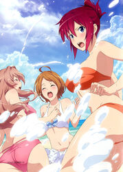  3girls ^_^ ahoge artist_request bandeau bare_shoulders bikini blue_eyes brown_hair closed_eyes day highres koumi_haruka long_hair multiple_girls official_art open_mouth orange_bikini outdoors parted_bangs pink_bikini rail_wars! red_hair sakurai_aoi sasshou_mari scan splashing swimsuit white_bikini 