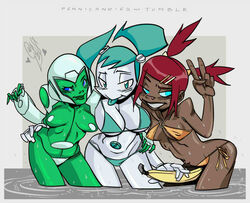  accessory aya_(green_lantern) big_breasts bikini blue_eyes blue_tongue blush breast_size_difference breasts brown_body brown_skin cleavage clothed clothing dark_body dark_skin female green_body green_lantern:_the_animated_series green_skin group hair_accessory hairclip jenny_wakeman looking_at_viewer machine my_life_as_a_teenage_robot navel nickelodeon not_furry parallel_clips pennicandies robot sari_sumdac small_breasts swimwear tongue tongue_out unusual_navel wet 