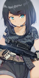  aqua_eyes battlefield_(series) battlefield_4 black_hair commentary_request female gloves gun headset holding holding_gun holding_weapon looking_at_viewer microphone military military_uniform original rifle satori0121 scope sidelocks sks solo trigger_discipline uniform weapon 