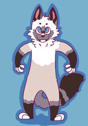  2015 2_toes 4_fingers ambiguous_gender anthro arm_tuft biped black_body black_fur black_stripes blue_background blue_eyes brown_body brown_fur cel_shading cheek_tuft cool_colors digital_media_(artwork) dipstick_tail domestic_cat facial_markings facial_tuft featureless_crotch feet felid feline felis fingerless_(marking) fingers flat_chested fluffy fluffy_tail front_view full-length_portrait fur gloves_(marking) grey_body grey_fur head_markings head_tuft hi_res humanoid_hands ikanamay leg_markings long_tail looking_at_viewer looking_up mammal markings multicolored_body multicolored_fur multicolored_tail muzzle_(marking) nude outline paws portrait ragdoll_cat semi-anthro shaded simple_background smile snout snout_markings socks_(marking) solo standing striped_markings striped_tail stripes tail tail_markings toeless_(marking) toes toony tuft white_body white_fur 