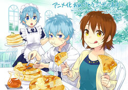  1boy 2girls :p :t announcement_celebration blue_eyes blue_hair breakfast brother_and_sister brown_hair eating food food_on_face fork honey licking_lips maid maid_headdress multiple_girls odagiri_futaba pancake pancake_stack sansha_san&#039;you siblings tongue tongue_out translated tsuji_hajime tsuji_sasame tsuneo_(kaijou_noumu) yellow_eyes 