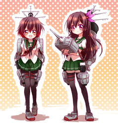  2girls black_legwear blush brown_eyes brown_hair cannon commentary_request gun hair_ornament kantai_collection kisaragi_(kancolle) long_hair minami_(apricot_tea) multiple_girls mutsuki_(kancolle) pantyhose purple_eyes school_uniform serafuku short_hair short_sleeves skirt thighhighs torpedo turret weapon 