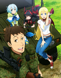  1boy 3girls :d absurdres battle_rifle belt black_hair blonde_hair blue_eyes blue_hair brown_eyes brown_hair camouflage capri_pants car denim elf fingerless_gloves gate_-_jieitai_ka_no_chi_nite_kaku_tatakaeri gloves gun highres howa_type_64 humvee imageboard_desourced itami_youji jeans lelei_la_lalena long_hair military military_uniform motor_vehicle multiple_girls no_socks non-web_source official_art open_mouth pants pants_rolled_up pointy_ears rifle rory_mercury shoes short_hair smile staff tuka_luna_marceau uniform weapon 