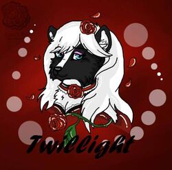  2015 accessory anthro blue_eyes eyeshadow female flower flower_in_hair hair hair_accessory lunablackstar makeup mammal mephitid name_badge plant rose_(flower) skunk solo twillight_(twillightskunk) white_hair 