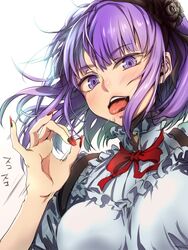  black_flower black_hairband black_rose bow commentary_request dagashi_kashi fellatio_gesture female fingernails flower frills gradient_nails hair_ornament hairband herozu_(xxhrd) long_fingernails looking_at_viewer nail_polish purple_eyes purple_hair red_nails ribbon ringed_eyes rose saliva shidare_hotaru short_hair solo suspenders tongue tongue_out 