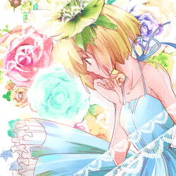  adapted_costume aya_tsudi bad_id bad_pixiv_id blonde_hair blue_eyes collarbone dress female flower hair_flower hair_ornament hand_to_own_mouth looking_away profile short_hair solo usotsuki yume_nisshi 