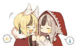  2girls animal_ears blonde_hair blush brown_hair chibi commentary_request fire_emblem fire_emblem_fates fox_ears fur-trimmed_jacket fur_trim grey_hair guu_(hakahonoo) happy hood jacket long_hair multicolored_hair multiple_girls oerba_yun_fang selkie_(fire_emblem) spoken_sparkle spoken_sweatdrop sweatdrop two-tone_hair velouria_(fire_emblem) wolf_ears worried 