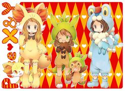  1boy 2girls artist_request black_hair blonde_hair brown_eyes brown_hair calme_(pokemon) chespin chespin_(cosplay) closed_eyes cosplay fennekin fennekin_(cosplay) froakie froakie_(cosplay) green_eyes happy heart long_hair multiple_girls nintendo pokemon pokemon_xy sana_(pokemon) serena_(pokemon) twintails wink 