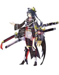  ahoge black_hair female full_body hair_ornament high_heels katana long_hair official_art okayama_(oshiro_project) oshiro_project:re purple_eyes shachihoko smile solo sword transparent_background tsurukame very_long_hair weapon 