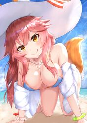  all_fours animal_ears beach bikini blue_bikini blush breasts cleavage collarbone commentary_request day ears_through_headwear fate/grand_order fate_(series) female fox_ears fox_tail hat highres large_breasts looking_at_viewer ocean outdoors pink_hair reuri_(tjux4555) side-tie_bikini_bottom solo sun_hat swimsuit tail tamamo_(fate) tamamo_no_mae_(swimsuit_lancer)_(fate) tamamo_no_mae_(swimsuit_lancer)_(third_ascension)_(fate) tongue yellow_eyes 