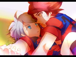  2boys bad_id bad_pixiv_id blue_eyes chaos_(inazuma_eleven) hisate inazuma_eleven inazuma_eleven_(series) letterboxed male_focus multiple_boys nagumo_haruya red_eyes red_hair soccer_uniform sportswear suzuno_fuusuke 