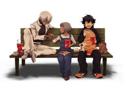  2boys anger_vein bad_id bad_pixiv_id bag bench black_hair blue_eyes burger closed_eyes cup dark_skin drinking_straw female food food_on_face french_fries grey_hair grin highres jacket kekkai_sensen leonardo_watch multiple_boys nakakore open_mouth overalls paper_bag pinching shadow short_hair smile sonic_speed_monkey turtleneck valerie_baumer white_hair zap_renfro 