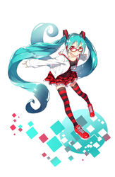  aqua_eyes aqua_hair commentary female glasses hatsune_miku headphones highres linfi-muu long_hair long_sleeves looking_at_viewer natural_(module) plaid plaid_skirt project_diva_(series) red-framed_eyewear red_eyes skirt smile solo thighhighs twintails very_long_hair vocaloid 